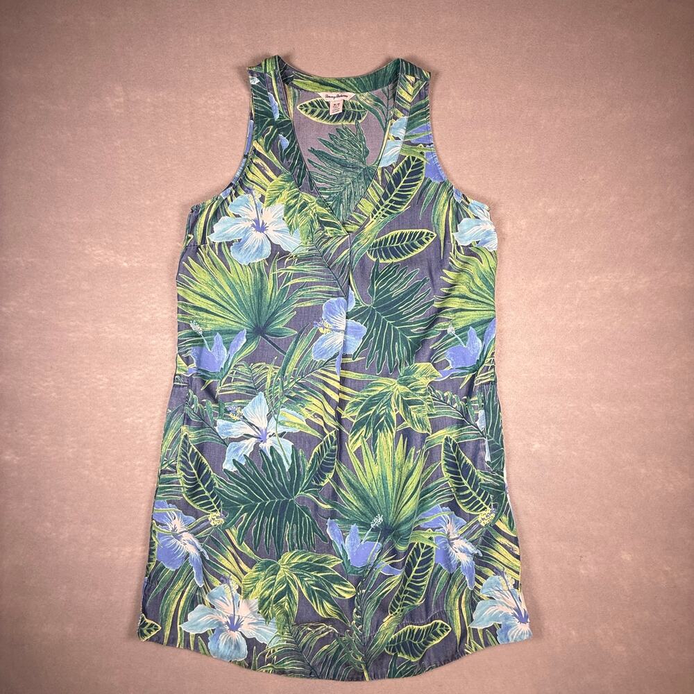 Tommy Bahama Tencel shift dress - tropical hibiscus blue green sleeveless size M